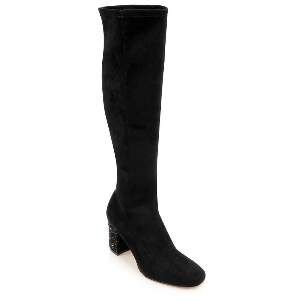 Black Suede Jewel Badgley Mischka Evalina Rhinestone Heel Boots Size 5 - Picture 3 of 7